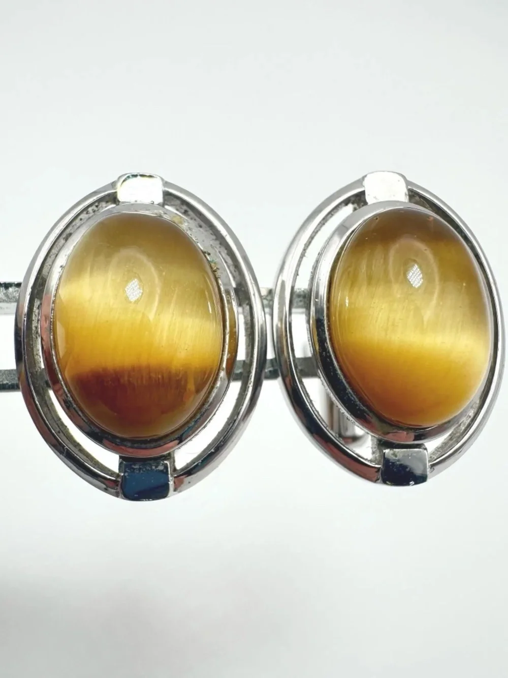 Vintage Sun Eagle Tiger Eye Cufflinks Oval Cabochon Silver Tone Formal Accessory